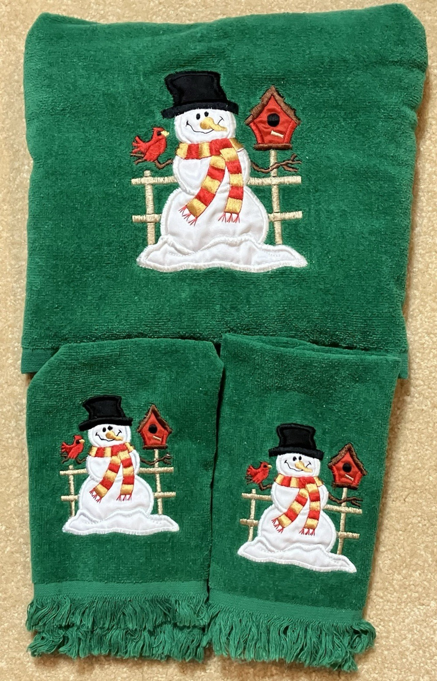 Vintage Cecil Saydah Bath and Hand Towel Set of 3 Green Christmas Snowman
